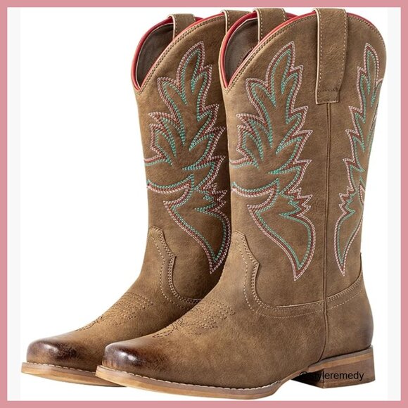 Synthetic Leather Square Toe Cowgirl Boots with Embroidered Design